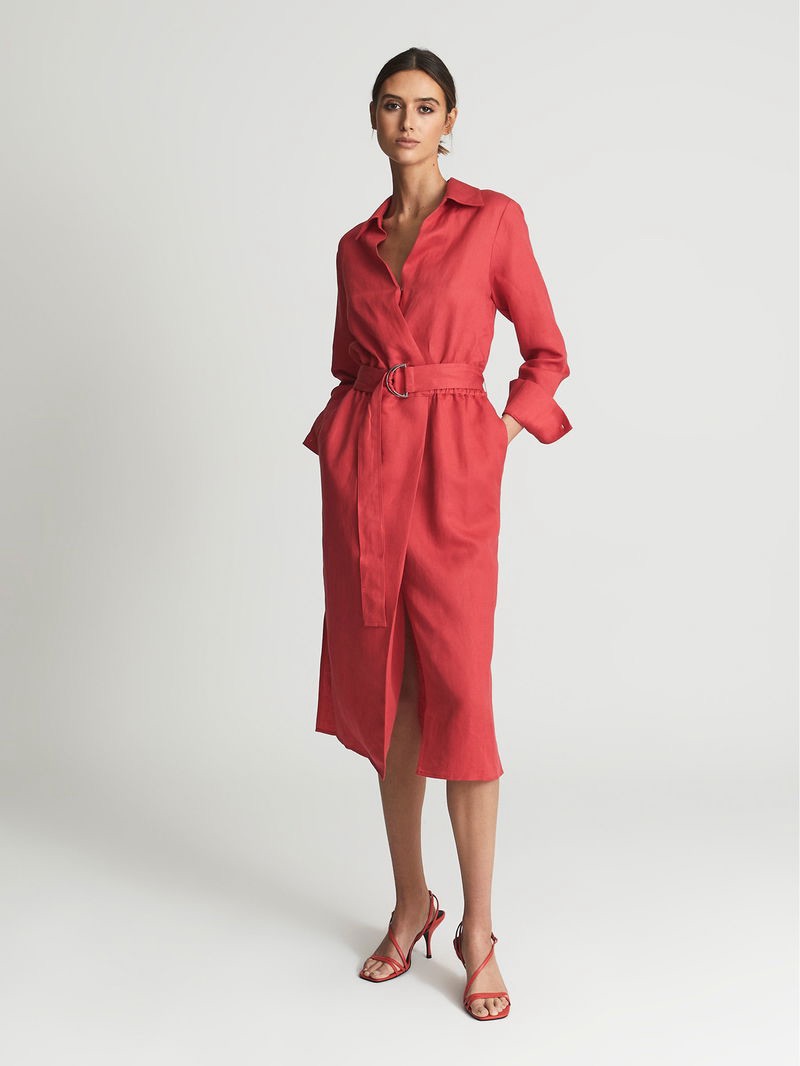 Reiss Coral-Red Belted Shirt Dress